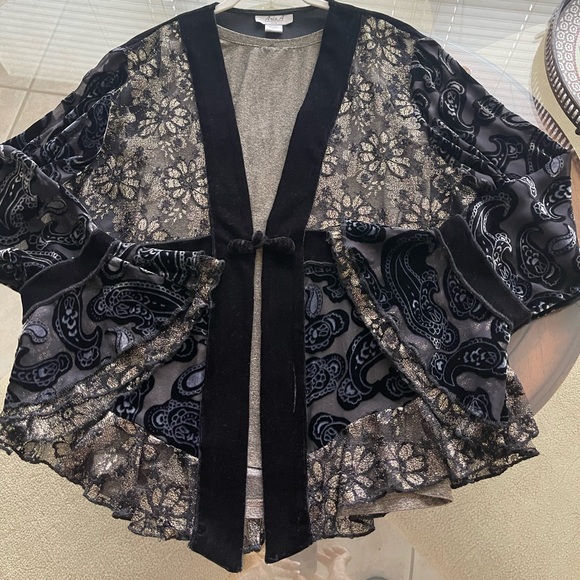 Silk Aris A Velvet & Lace jacket, bell sleeves, peplum style waist, 1XL - Picture 2 of 16